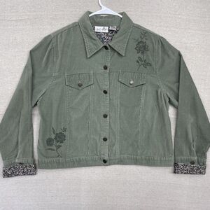 Kim Rogers Large Women’s Green Corduroy Button Up Jacket Floral Embroidery